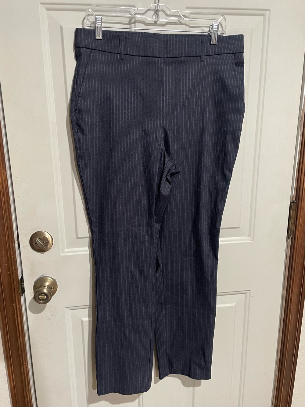 Classic Pinstripe Women's Dress Pants - Navy Curvy Style